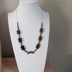 Elegant Brown Agate, Black Glass, Brass, & Copper Bead Necklace